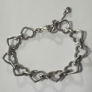 925 Sterling Silver Vintage Genuine Diamond Accents Heart Valentine Bracelet 7"